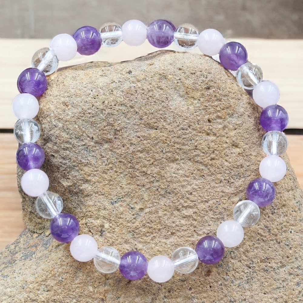 Amethyst Rose Quartz Clear Quartz Gemstone Bracelet Purple Pink | Handmade - Picture 3 of 5